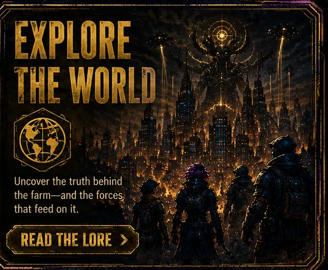 Explore the world — uncover the truth behind the farm and the forces that feed on it. Read the lore.