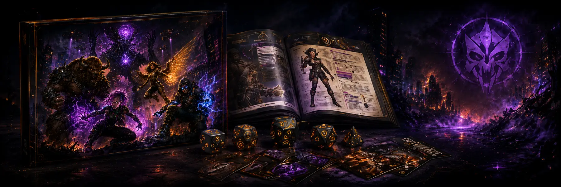 Concept art of the Redliners starter set: boxed set, open rulebook, glowing dice, and mission cards on a dark table